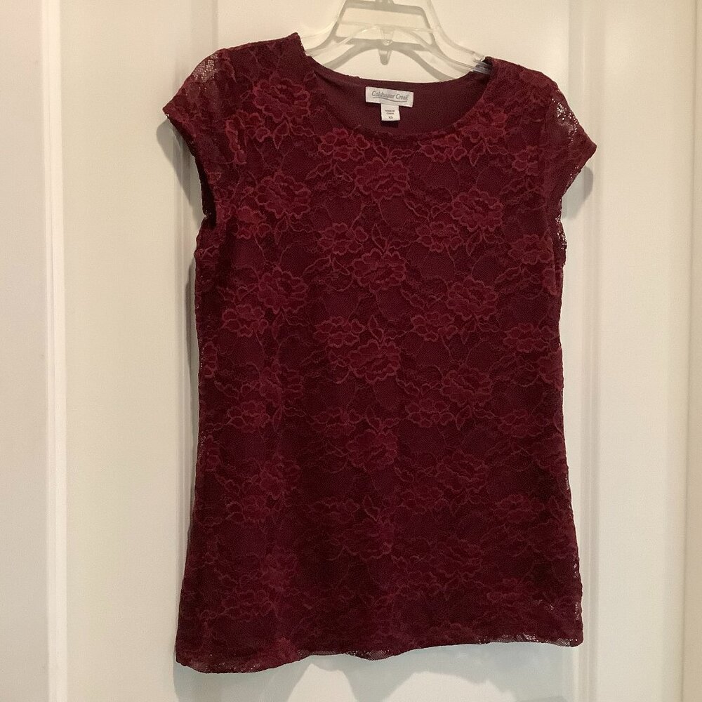 Cap-Sleeve Stretch Lace Tee, Coldwater Creek, Wine, size XS